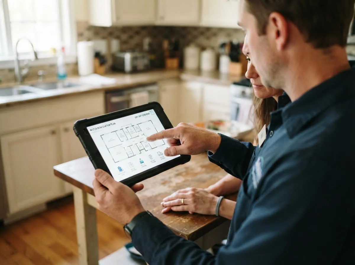 Water damage restoration technician inspecting a home in Addison, MI
